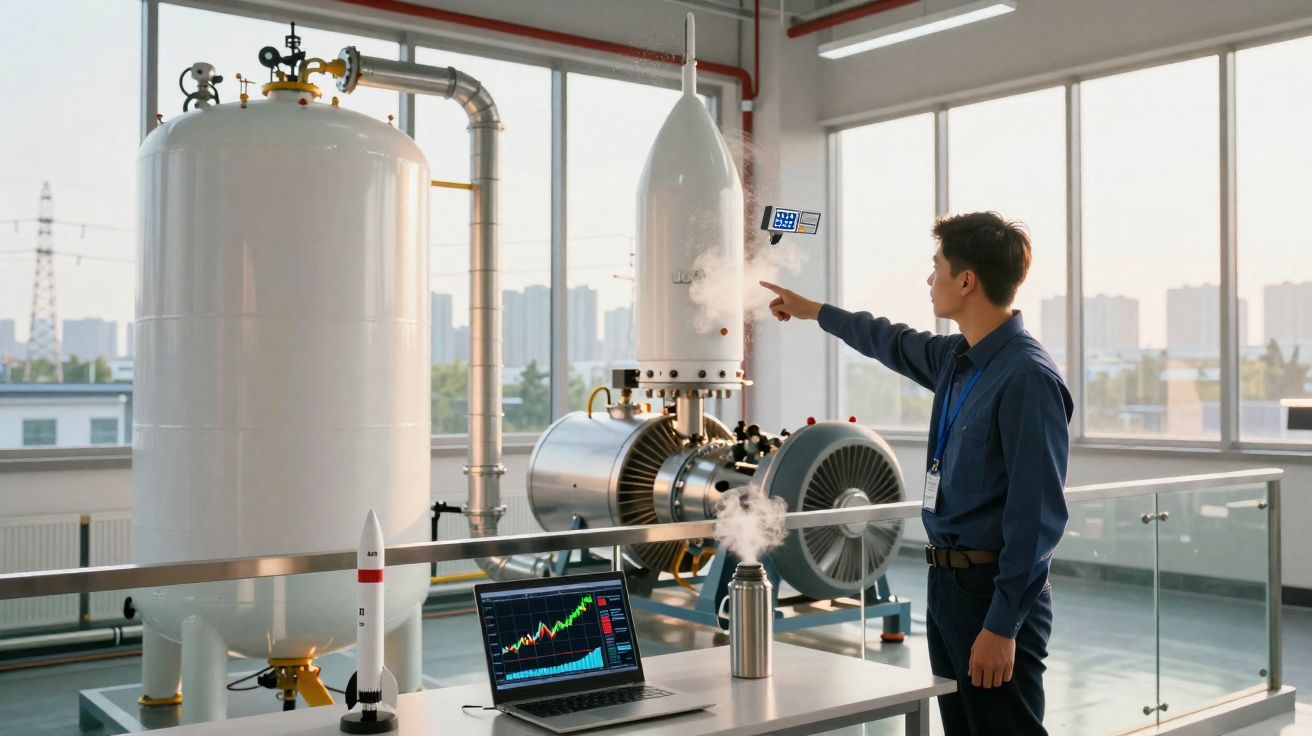 Homem a inspecionar equipamento industrial com vaporização, ao lado de computador com gráficos num ambiente luminoso.