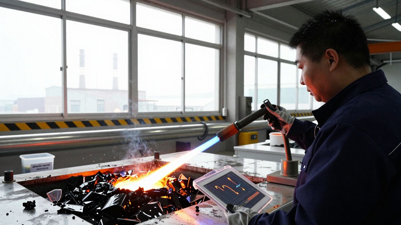 Trabalhador a usar maçarico em oficina com equipamento de proteção e janela grande ao fundo.