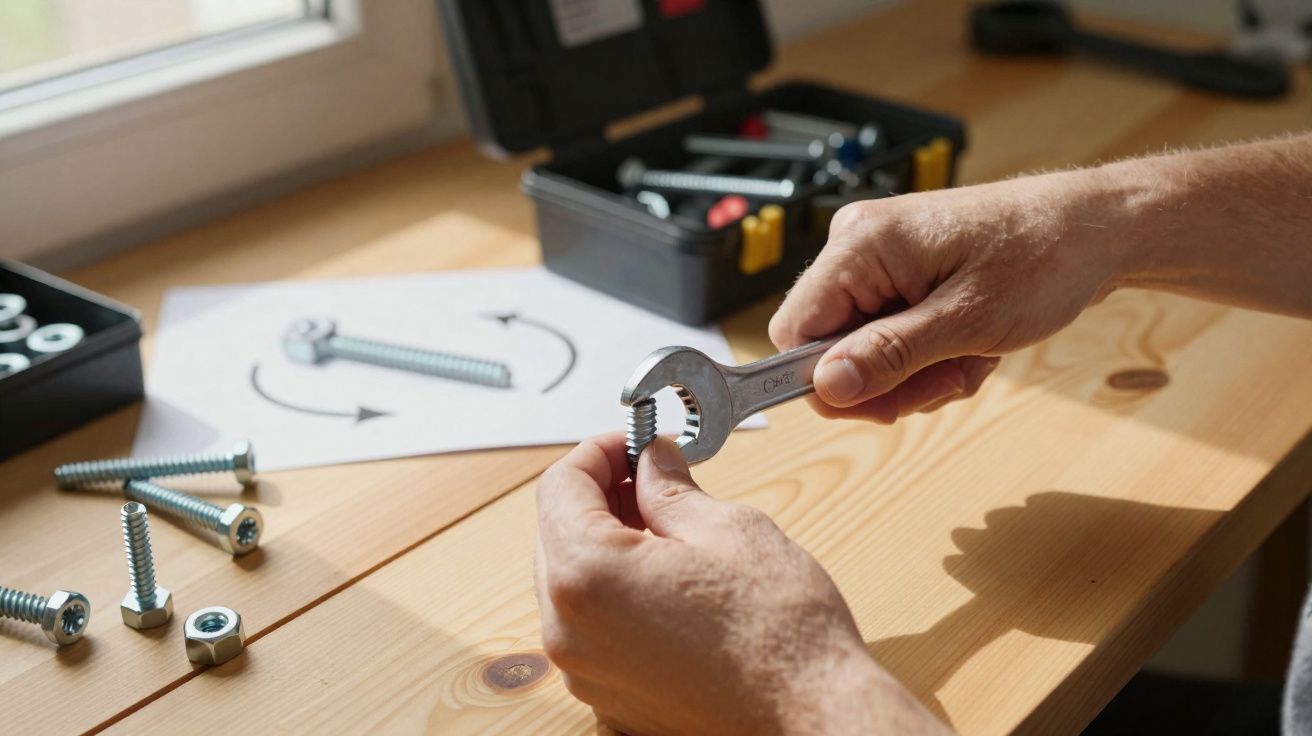 Mãos ajustam parafuso com chave de boca numa mesa de madeira com parafusos e caixa de ferramentas ao fundo.