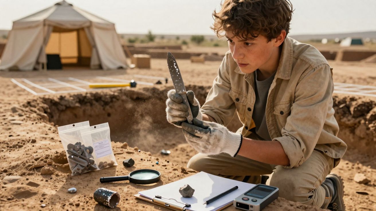 Jovem arqueólogo examina artefacto encontrado em escavação arqueológica no deserto.