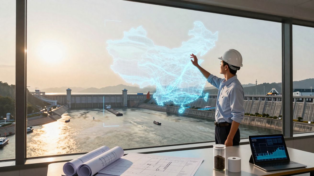 Engenheiro com capacete interage com holograma da China em escritório com vista para barragem e rio.