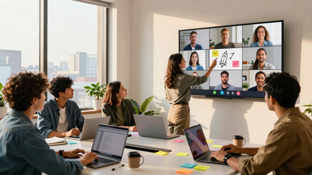 Grupo de jovens reunidos em sala moderna, participando em videoconferência com várias pessoas na tela.