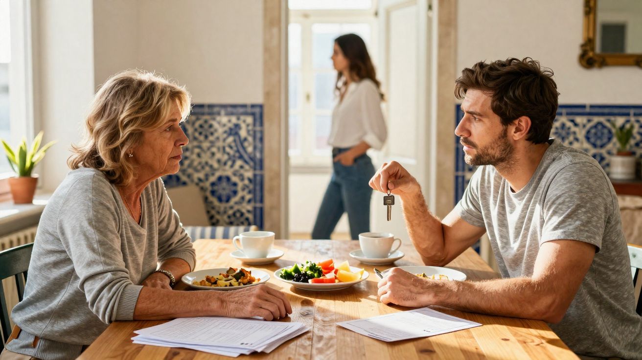 Homem entrega chave a mulher mais velha durante conversa séria numa cozinha com uma mulher ao fundo.