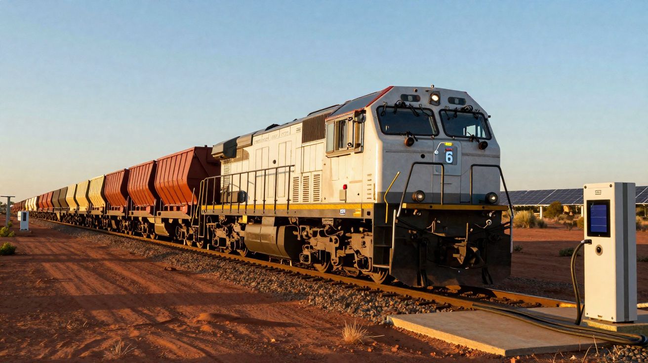 Comboio de mercadorias cinzento com vagões coloridos numa linha férrea em paisagem árida ao pôr do sol.