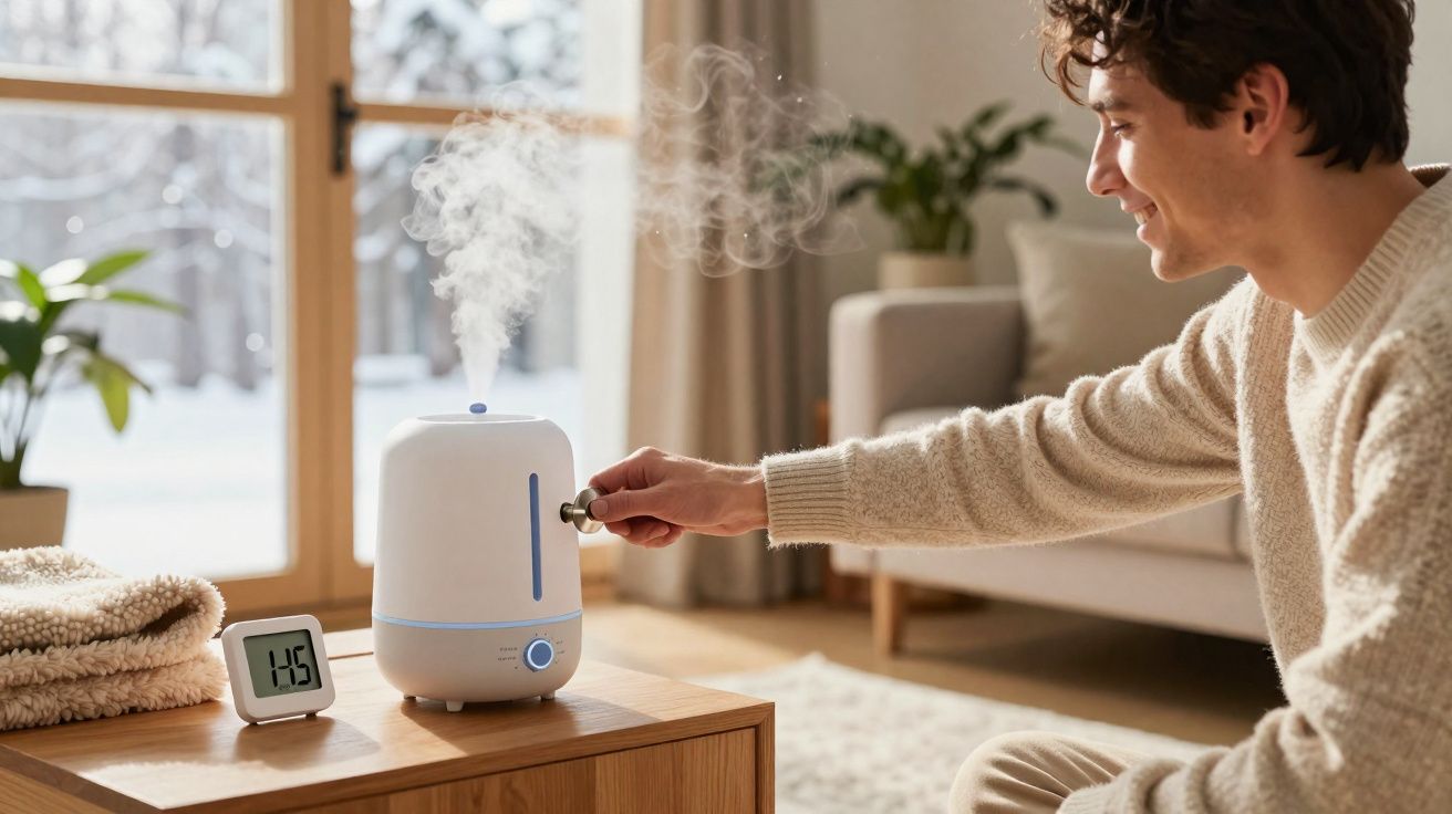 Homem ajusta humidificador a vapor numa sala acolhedora com janela e planta ao fundo.