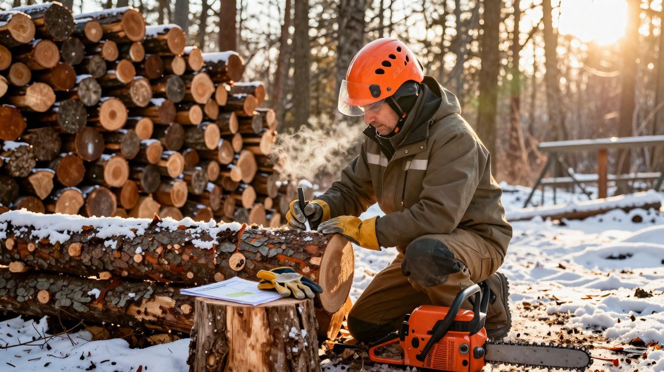 Homem com capacete laranja a marcar tronco de árvore numa floresta com neve e motosserra no chão.