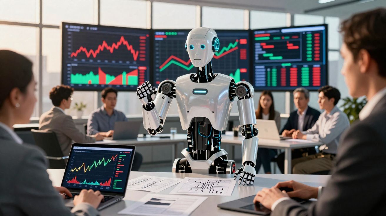 Robô apresenta dados financeiros em reunião com equipa humana numa sala moderna com ecrãs digitais.