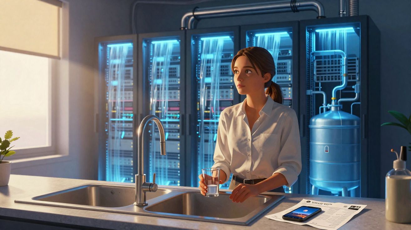 Mulher com camisa branca segura copo de água numa cozinha moderna com servidores de dados ao fundo.