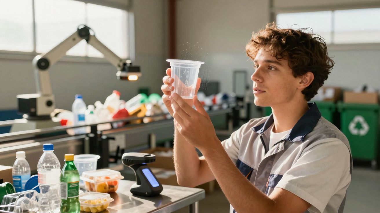 Jovem a avaliar um copo plástico num ambiente industrial com vários recipientes e máquina de scan.