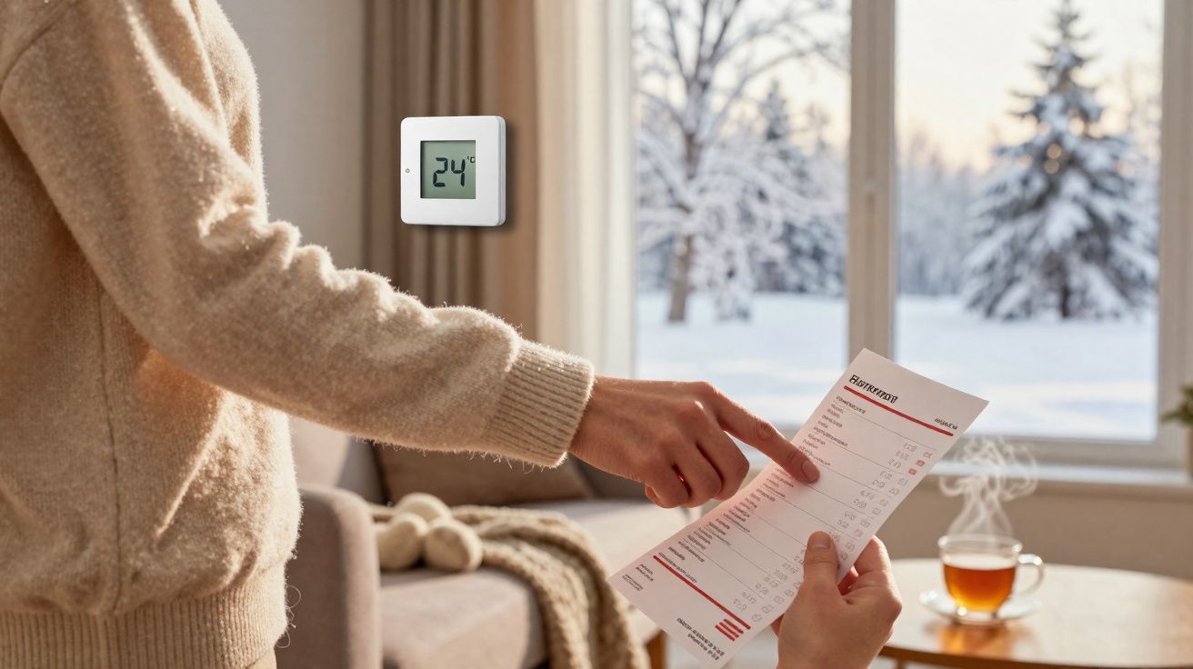 Pessoa a apontar para fatura de aquecimento em casa com termóstato a 24°C e paisagem de inverno na janela.