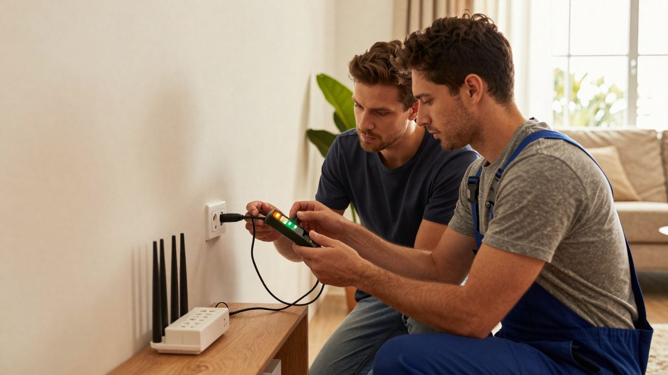 Dois homens a testar uma tomada elétrica numa parede com um multímetro numa sala iluminada.