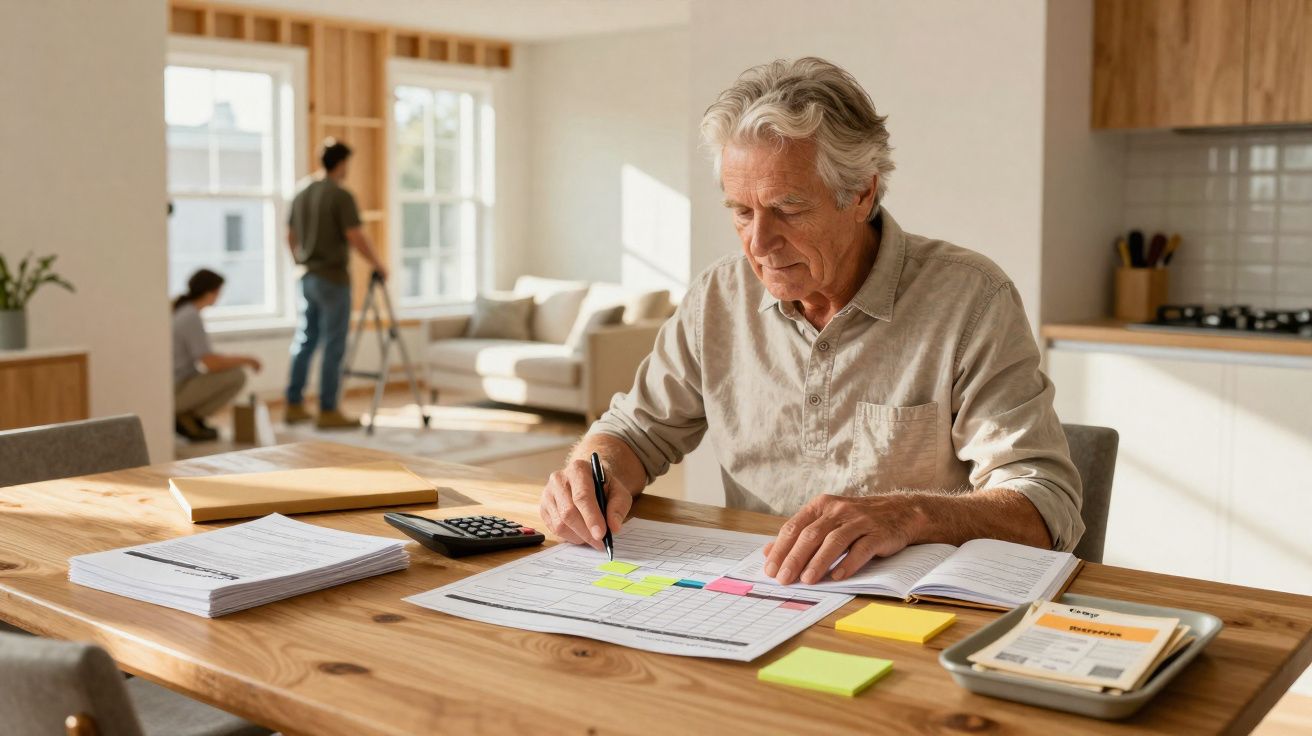 Homem idoso a planear com notas autocolantes numa mesa de madeira numa cozinha iluminada.