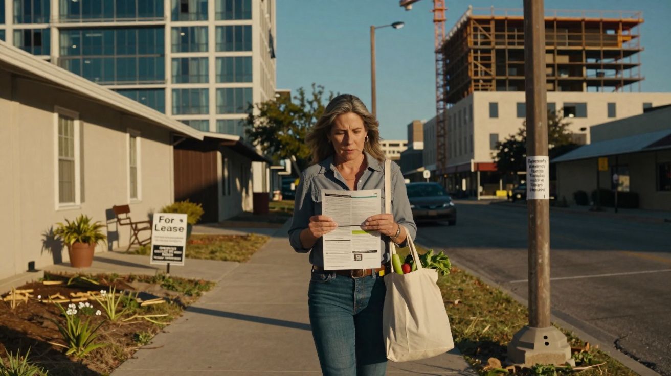 Mulher a andar na calçada de uma rua urbana, a ler documentos, com saco de compras ao ombro.