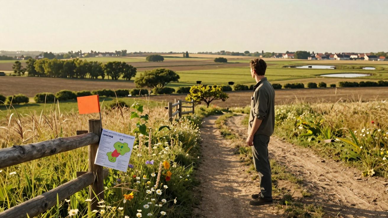 Homem de pé em caminho de terra rodeado de vegetação e flores, olhando para campo agrícola ao longe.