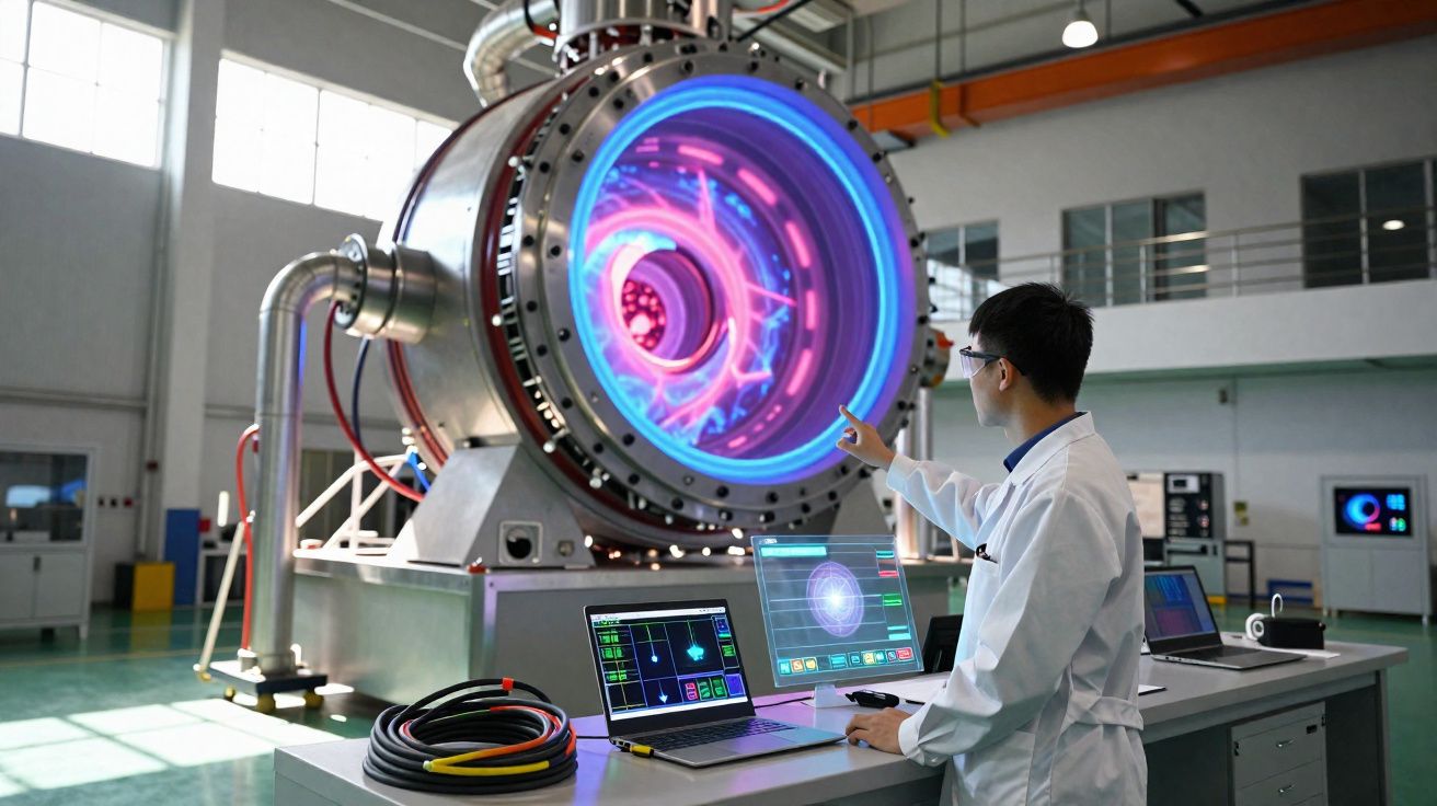 Cientista com bata branca analisa equipamento tecnológico avançado com gráficos digitais num laboratório moderno.