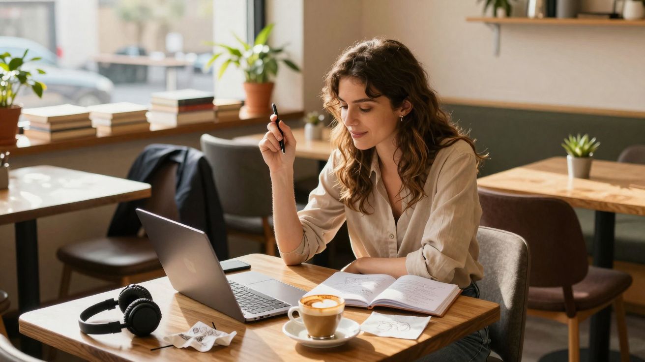Mulher sentada num café a trabalhar num portátil, com caderno aberto e chávena de cappuccino à frente.
