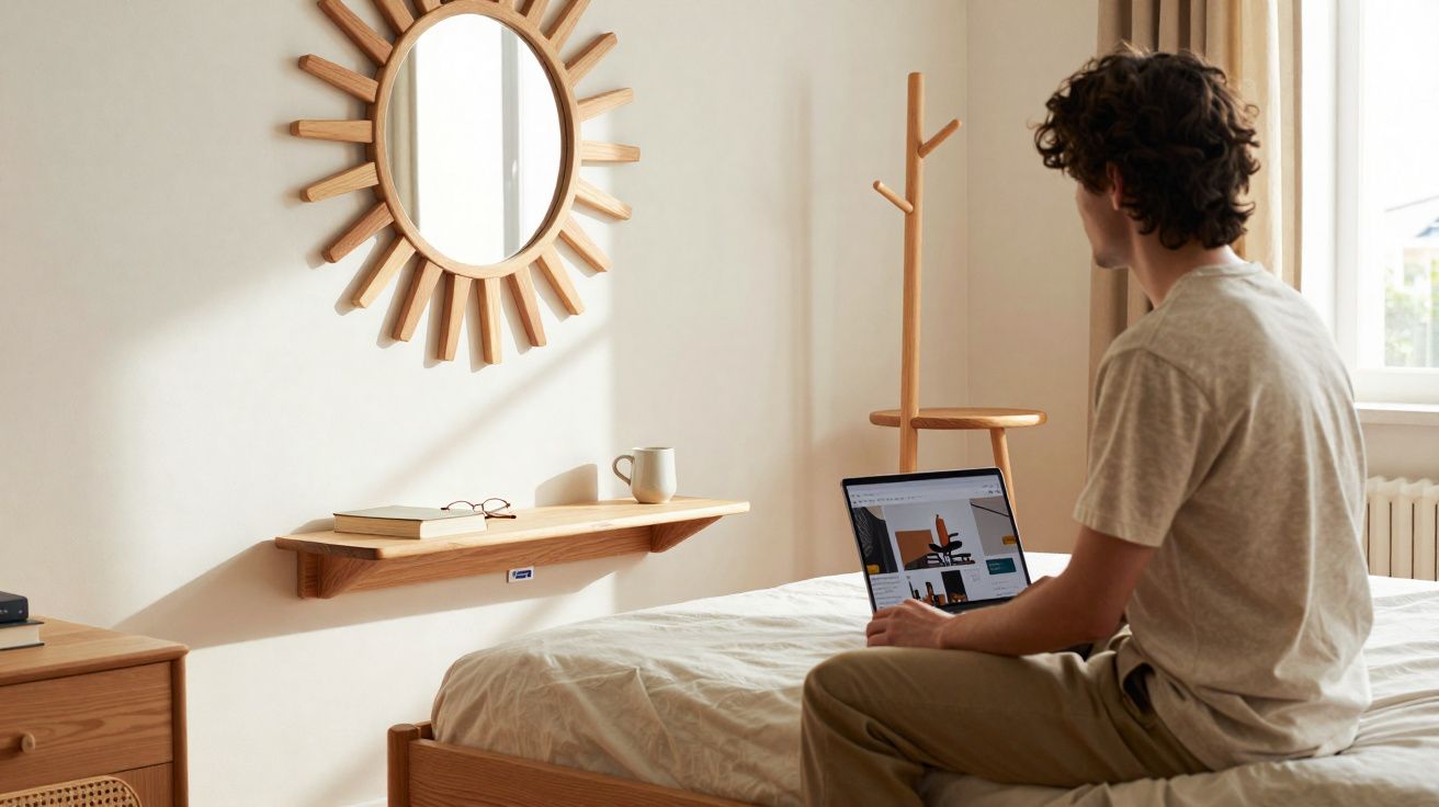 Jovem sentado na cama a usar computador portátil numa quarto com decoração simples e espelho de sol.