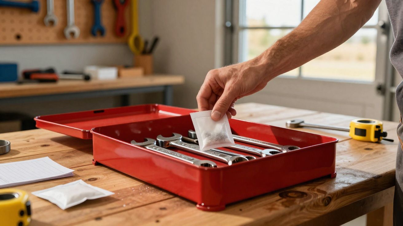 Mão a colocar um saquinho com sílica gel numa caixa vermelha com chaves inglesas num ambiente de oficina.