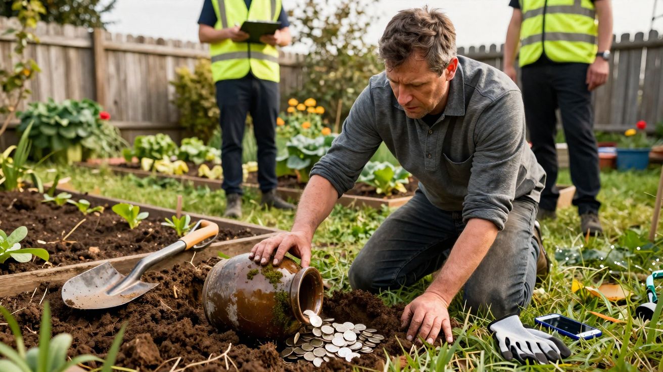 Homem ajoelhado a escavar e derramar moedas de um jarro no jardim com duas pessoas a observar.