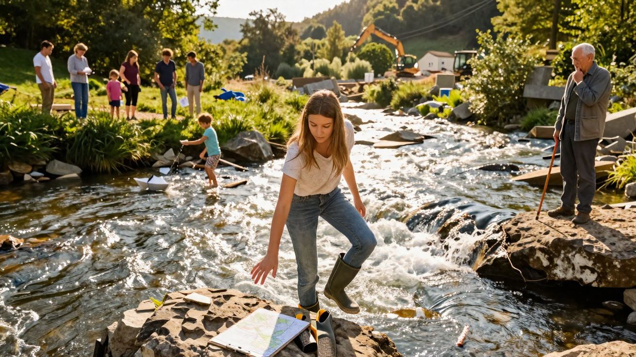 Jovem a atravessar rio com botas, crianças a brincar na água e adultos a observar na margem, ambiente rural.