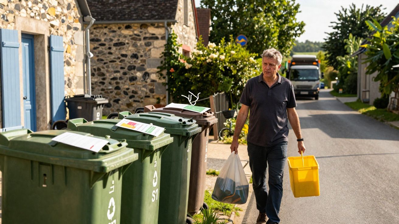 Homem a caminhar na rua com sacos para reciclagem perto de caixotes do lixo verdes e castanhos.