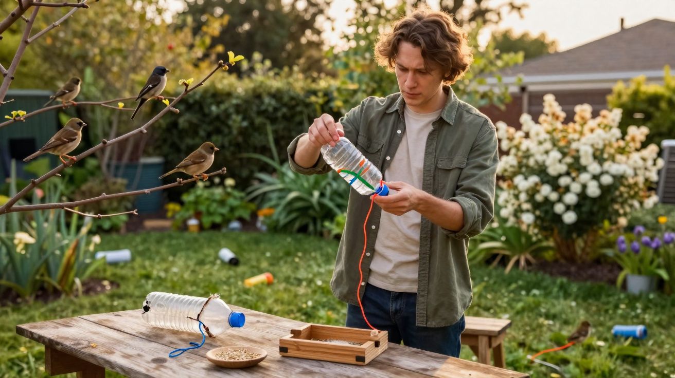 Homem prepara alimentador de pássaros feito com garrafas plásticas num jardim verde e florido.