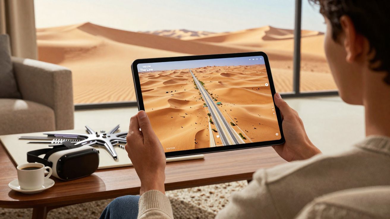 Pessoa a segurar tablet com imagem de estrada no deserto, sentado numa sala com janela panorâmica.