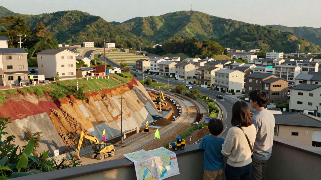 Família observa obra em encosta com casas e estrada sinuosa, rodeada por colinas verdes ao pôr do sol.
