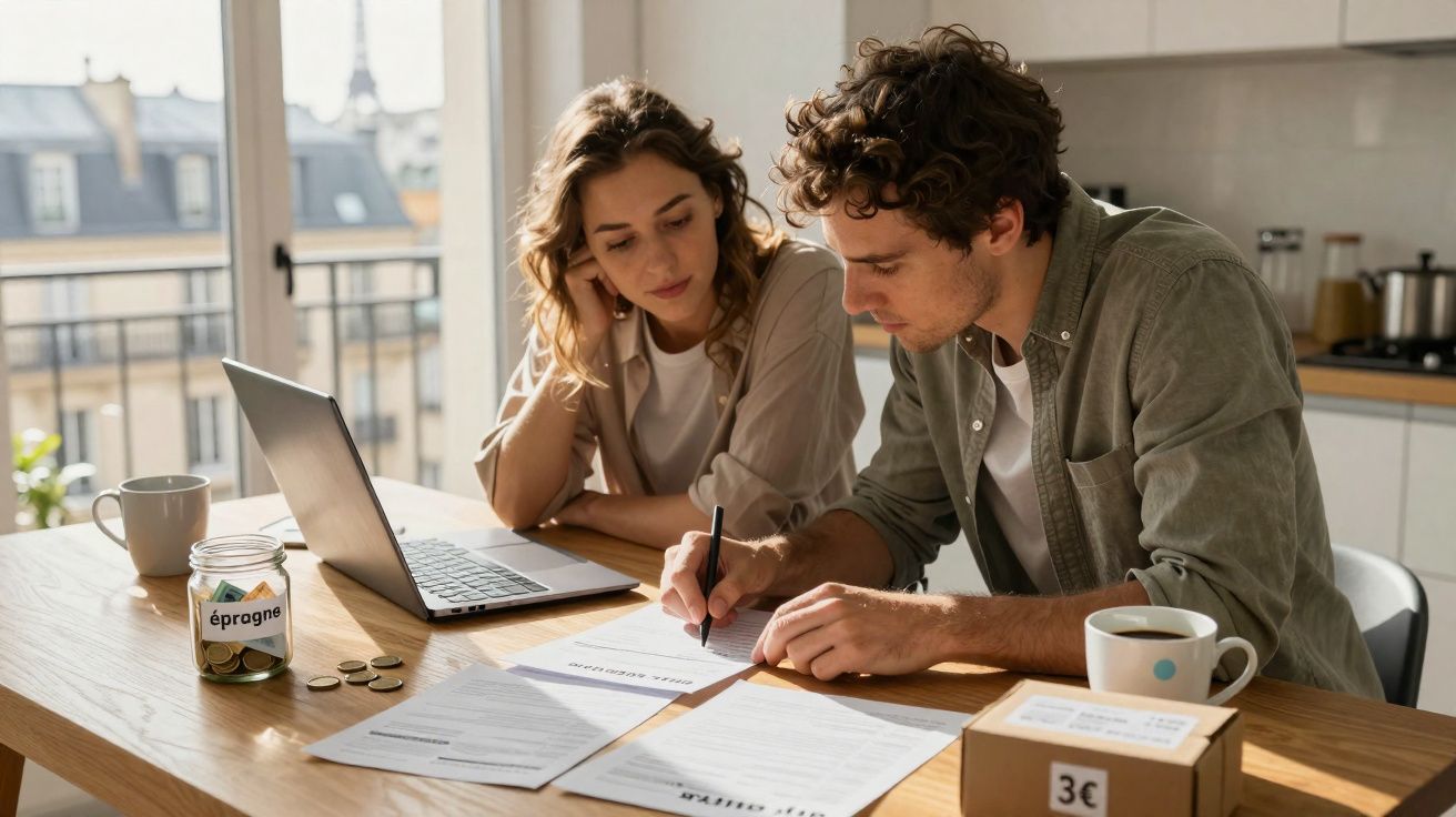 Casal jovem a analisar documentos e poupanças numa mesa com computador portátil e café numa cozinha iluminada.
