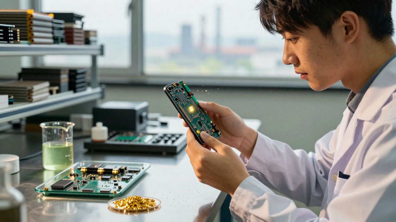 Homem com bata branca analisa placa eletrónica de telemóvel num laboratório iluminado.