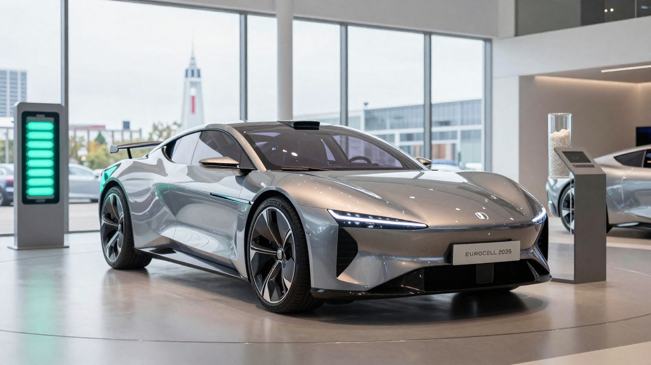 Carro desportivo elétrico cinza Eurocell F035 num showroom moderno com janelas amplas e piso brilhante.