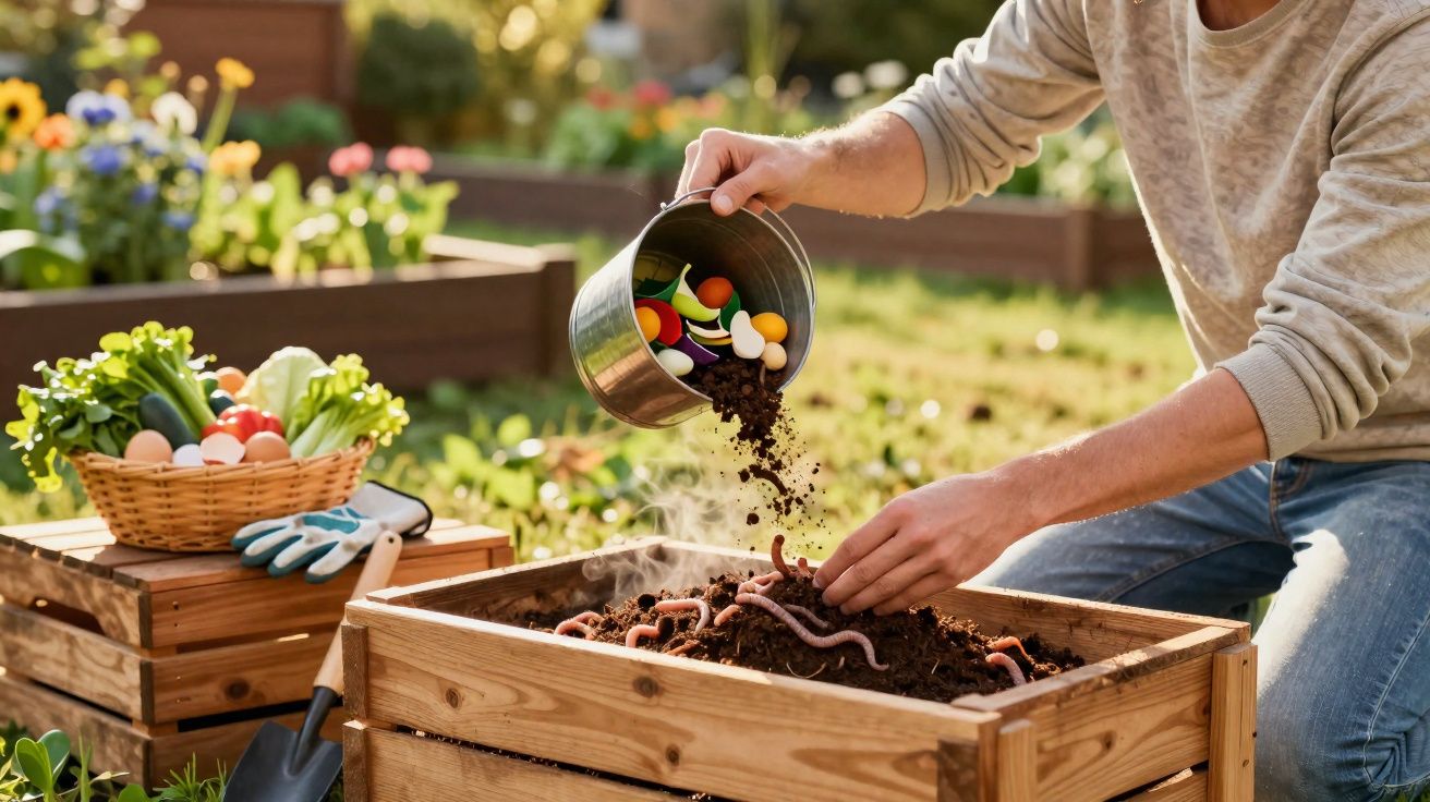Pessoa a adicionar resíduos orgânicos a compostor com minhocas no jardim.