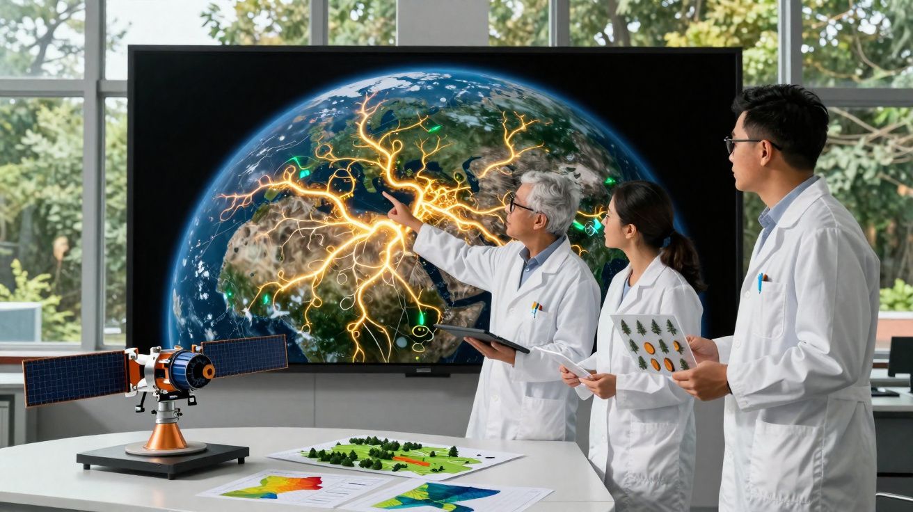 Cientistas em laboratório analisam dados ambientais e mapas digitais com imagem interativa do planeta Terra.