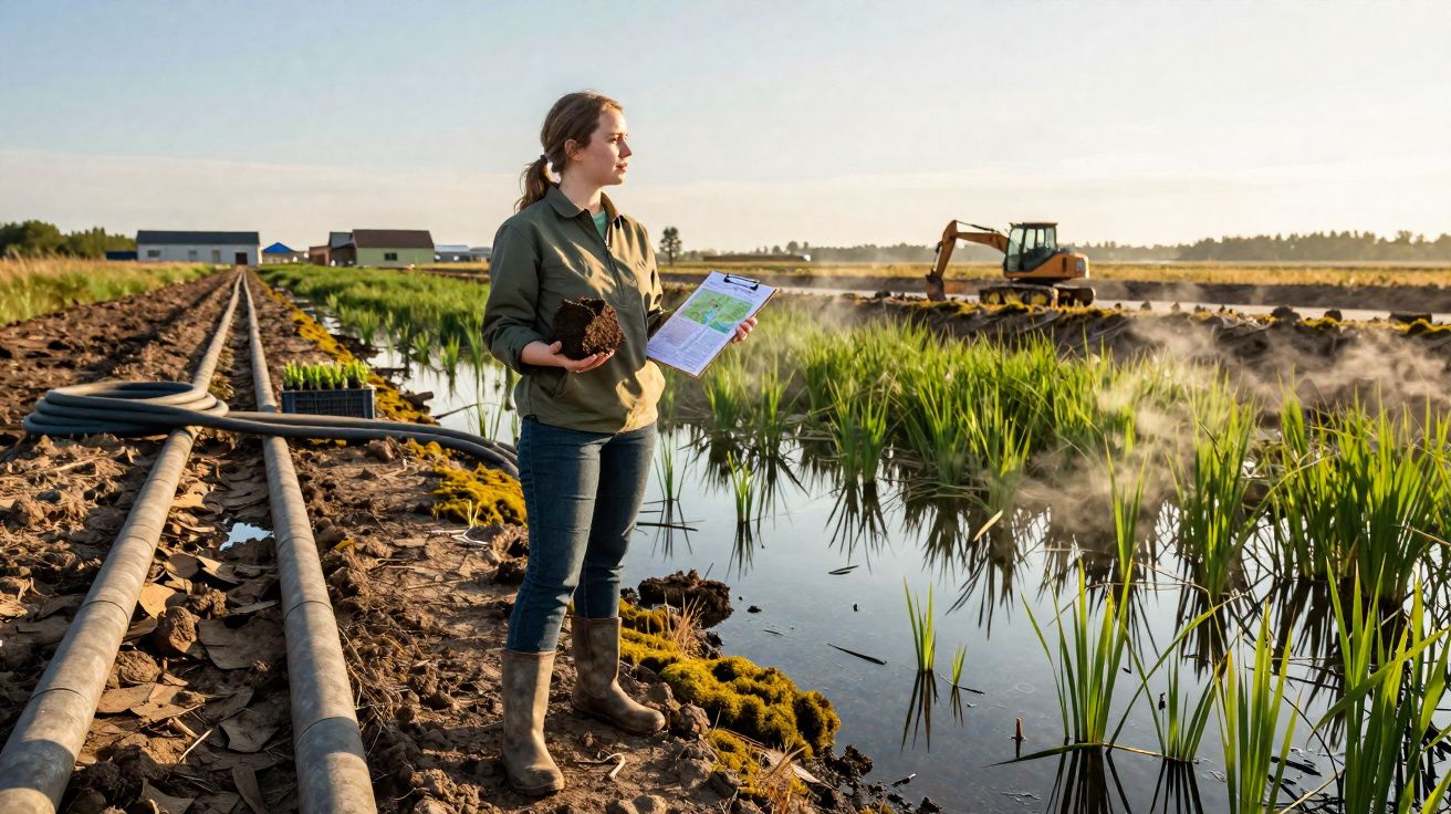 Mulher com botas e bloco de notas analisa solo junto a campos de arroz e maquinaria agrícola na natureza.