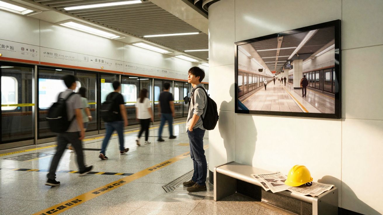Homem jovem de mochila espera sozinho numa estação de metrô enquanto outras pessoas caminham.