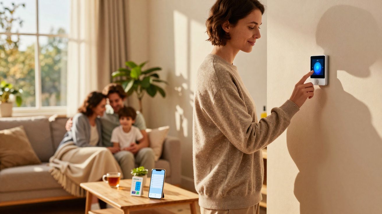 Mulher a ajustar termóstato digital na parede enquanto família está sentada no sofá ao fundo.