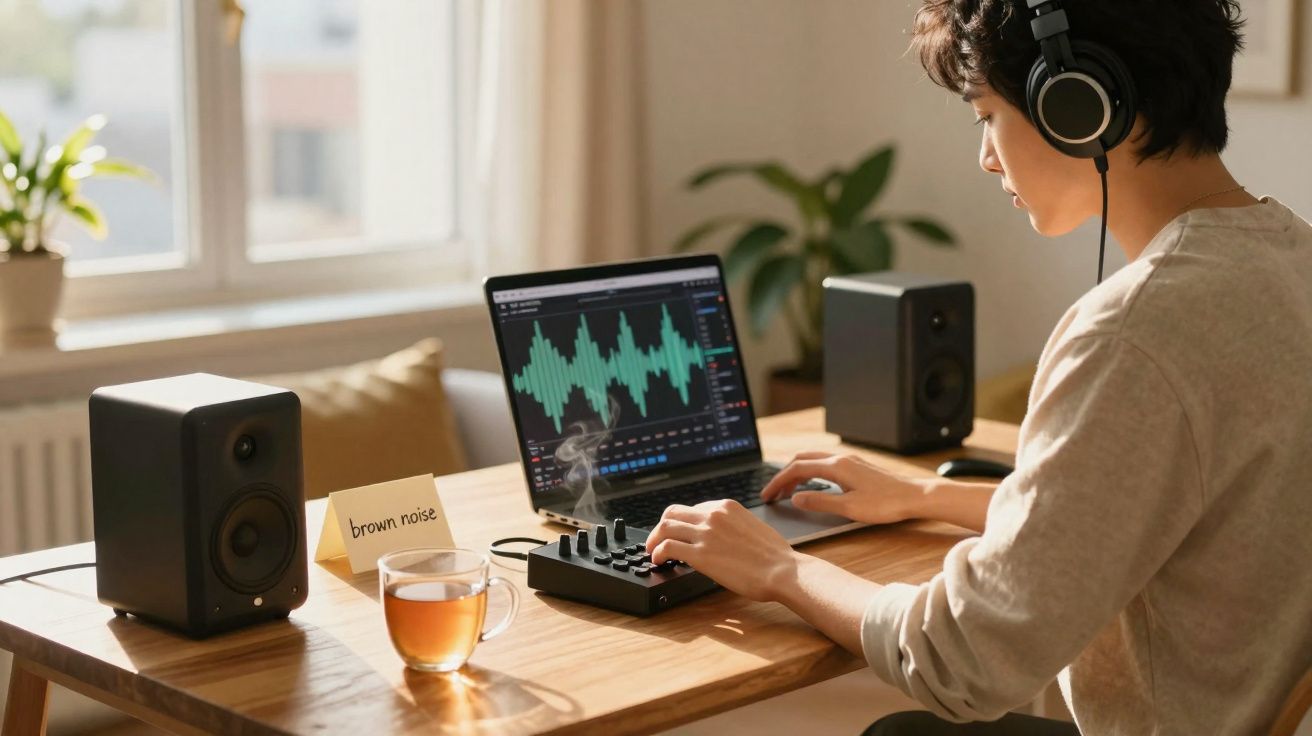 Pessoa com auscultadores a editar áudio num computador portátil junto a colunas e chá na mesa.