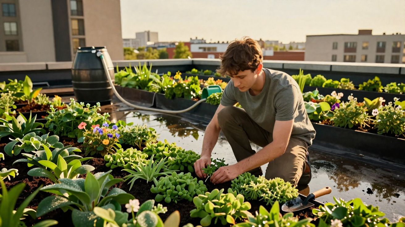 Jovem a cuidar de plantas numa horta urbana no topo de um edifício ao entardecer.