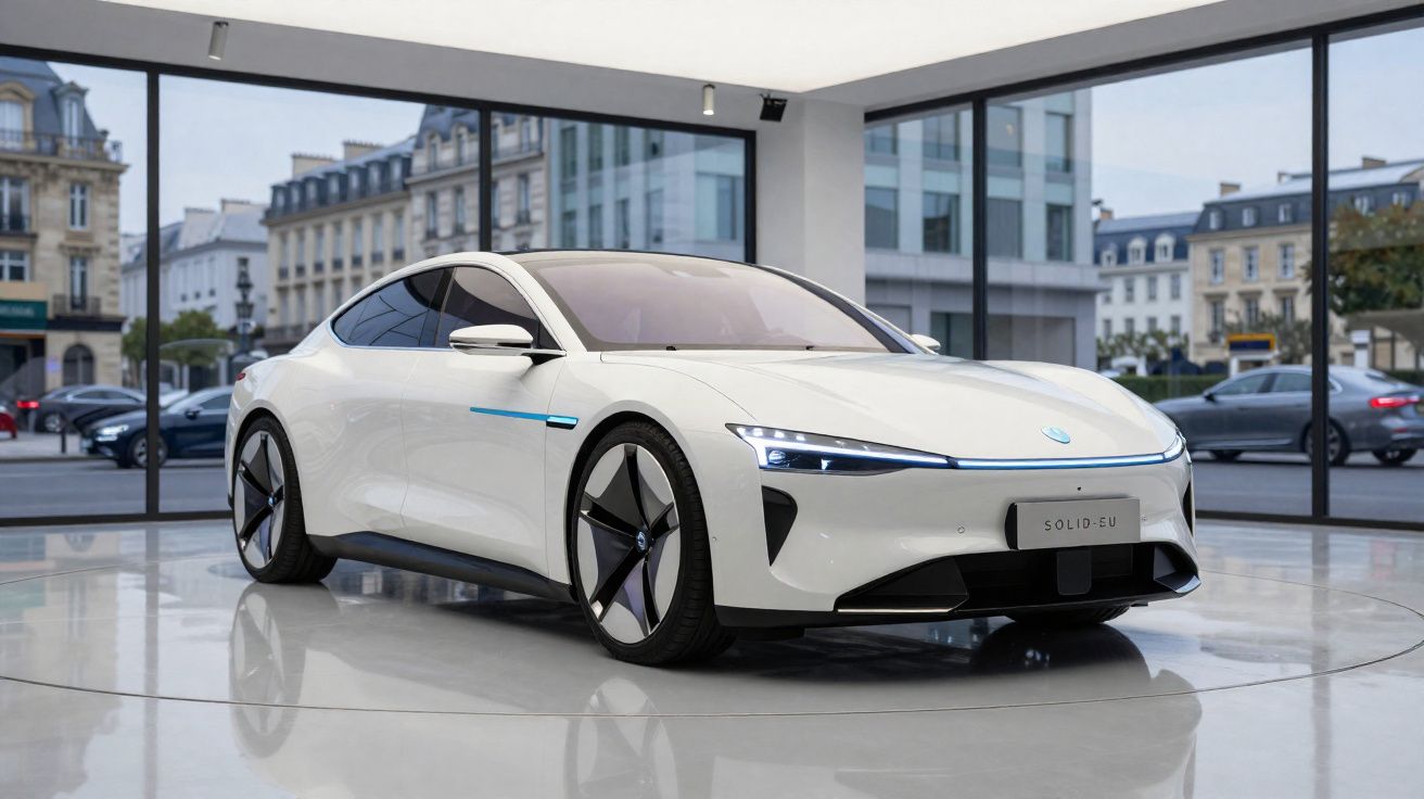 Carro elétrico branco moderno com design aerodinâmico exposto em showroom com janelas grandes.