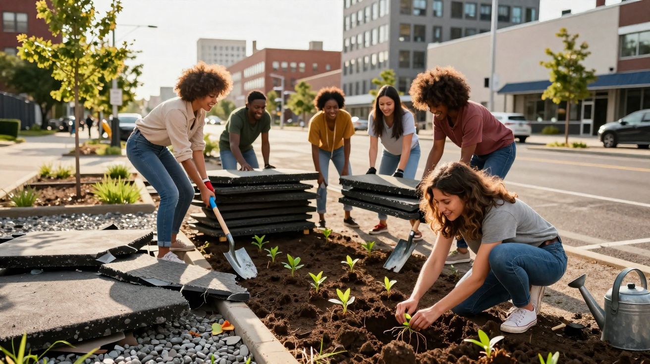 Grupo de jovens a plantar sementes numa zona urbana junto a edifícios e estrada movimentada.