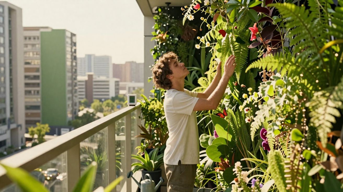 Pessoa a cuidar de plantas num jardim vertical numa varanda ensolarada com prédios ao fundo.