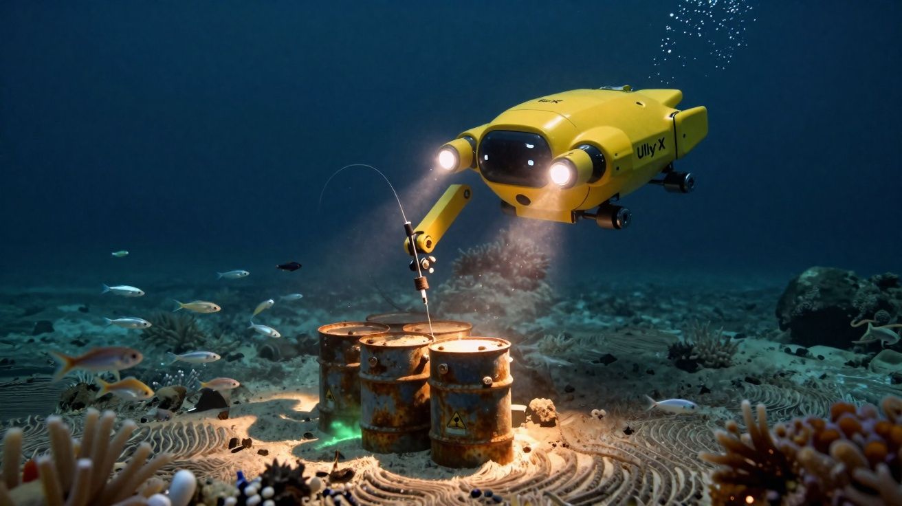 Veículo subaquático amarelo a examinar barris enferrujados no fundo do oceano rodeado de peixes.