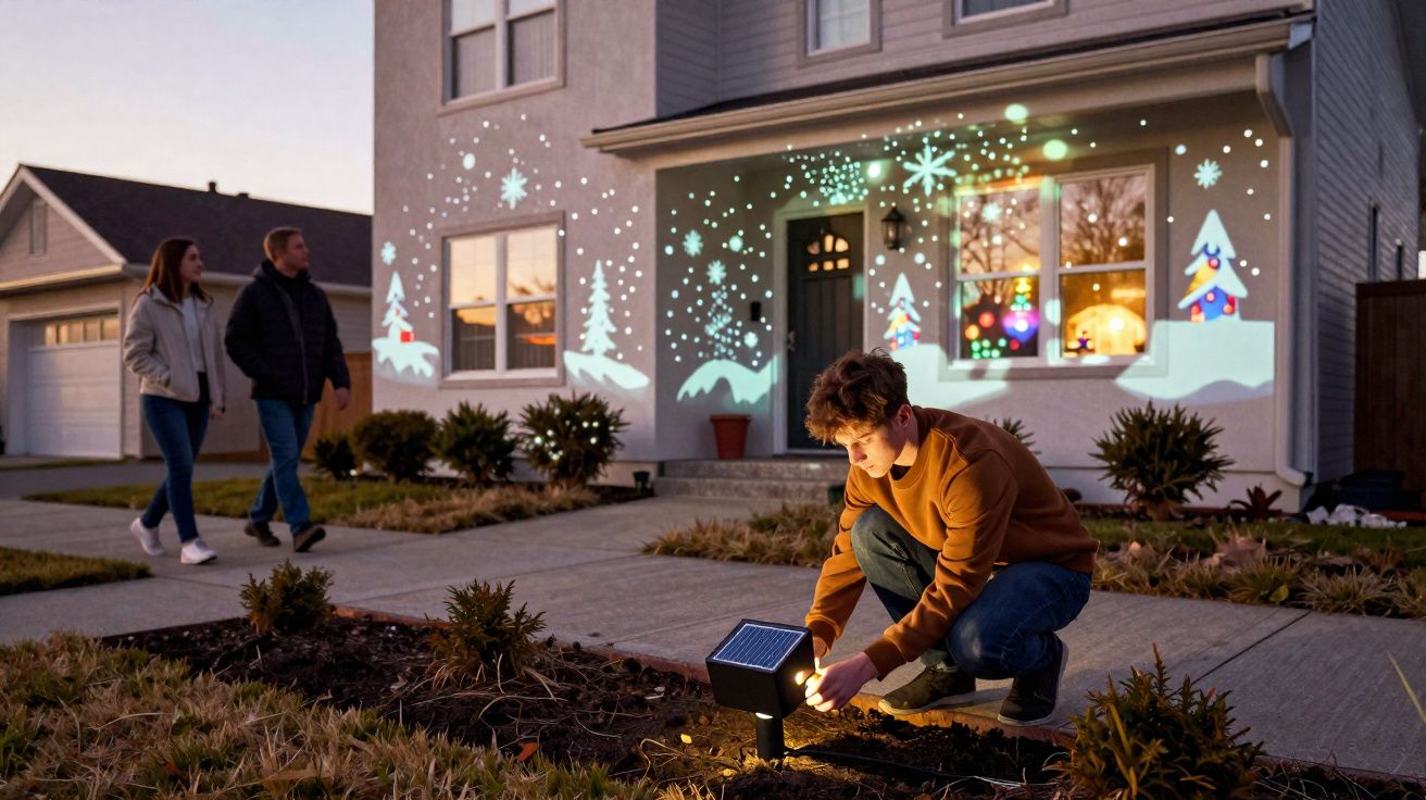 Jovem configura luz solar no jardim com projeção de decorações natalícias na fachada da casa ao entardecer.