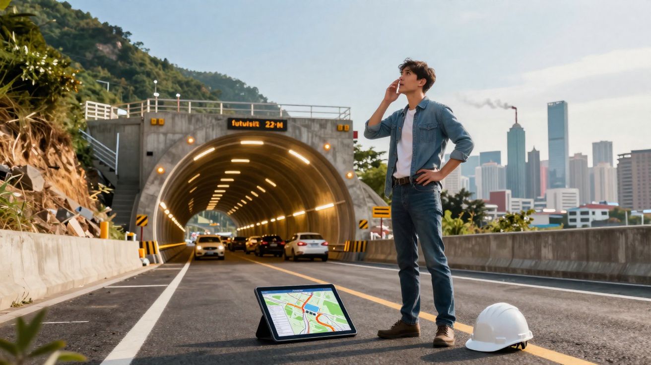 Homem em roupa casual no meio da estrada junto a capacete e tablet, parado à entrada de túnel com carros e cidade ao fundo.
