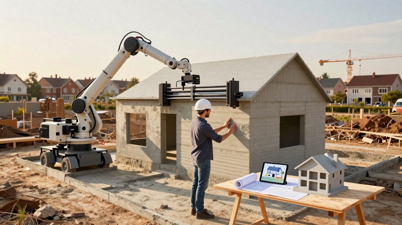 Robô de construção e engenheiro a inspecionar casa impressa em 3D num estaleiro com projeto numa mesa.