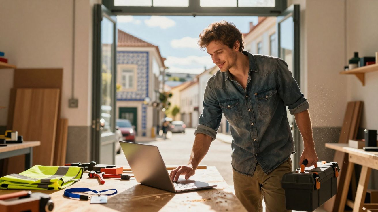 Homem jovem com macaco na mão a usar computador portátil numa oficina iluminada por luz natural.