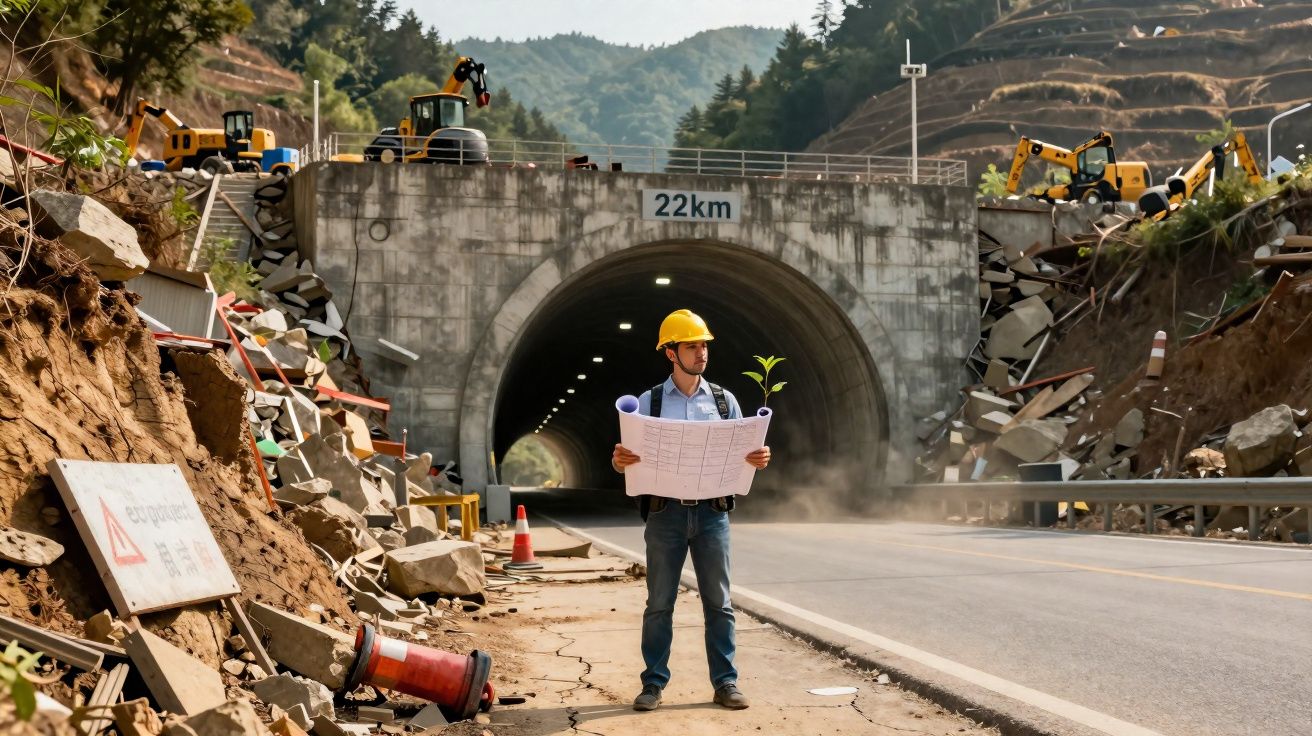 Engenheiro com capacete e planta segura planta junto a estrada em obra perto de túnel em montanha.