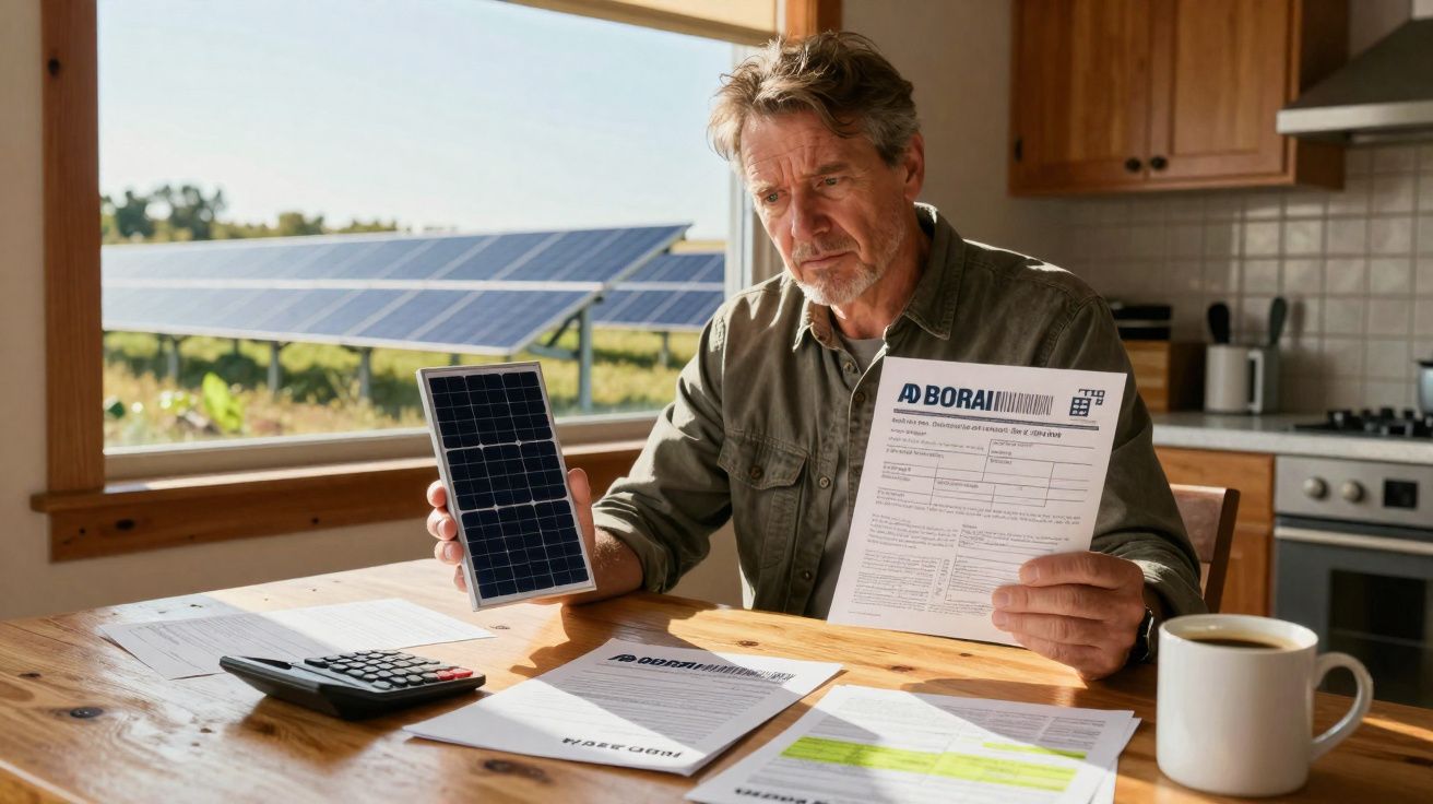 Homem sentado à mesa a analisar fatura e modelo de painel solar com painéis solares visíveis na janela.