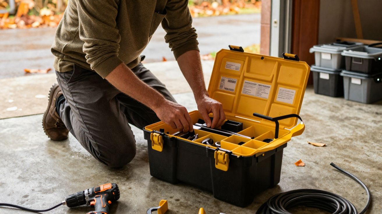 Pessoa a organizar ferramentas numa caixa de plástico preta e amarela no chão de uma garagem.