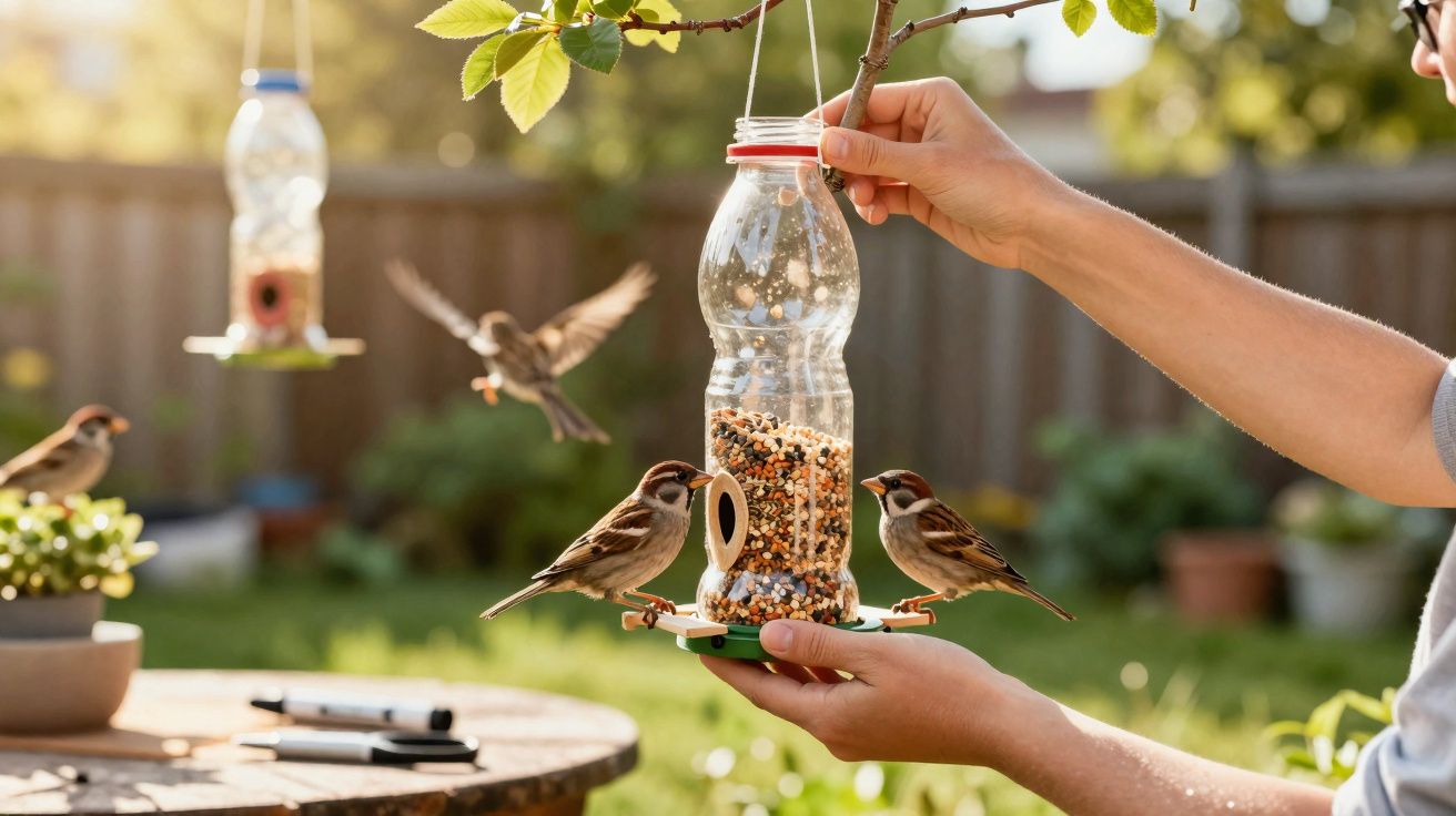 Pessoa segura comedouro de pássaros feito com garrafa de plástico, com pardais a alimentarem-se num jardim.